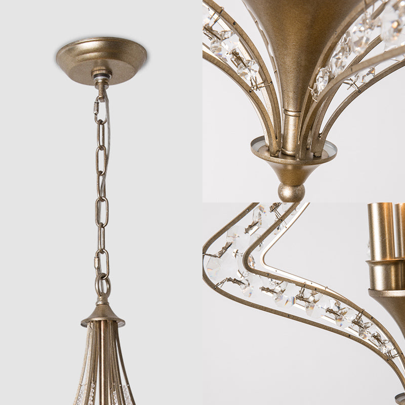 4 Bulbs Tapered Ceiling Chandelier Rustic Crystal Suspended Lighting Fixture in Brass Clearhalo 'Ceiling Lights' 'Chandeliers' Lighting' options 230680