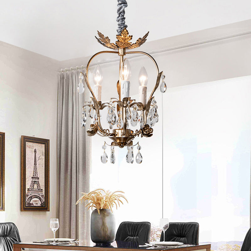 Gold Spur Chandelier Lighting Modern Metal 3 Bulbs Pendant Light Fixture with Crystal Teardrop Clearhalo 'Ceiling Lights' 'Chandeliers' Lighting' options 230695