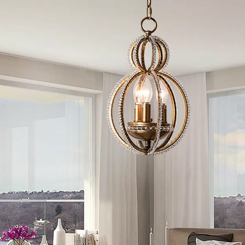 Gourd Metal Hanging Chandelier Retro 3 Heads Brass Ceiling Pendant Light with Crystal Bead Clearhalo 'Ceiling Lights' 'Chandeliers' Lighting' options 230699