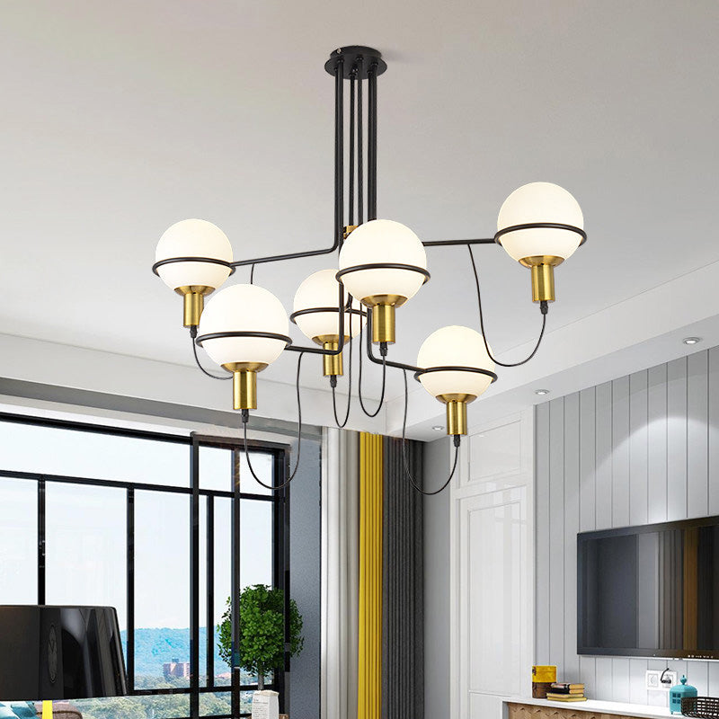 Gold Radial Chandelier Lighting with White Glass Sphere Shade Modernist Multi Lights Metal Hanging Lamp Fixture Clearhalo 'Ceiling Lights' 'Chandeliers' 'Modern Chandeliers' 'Modern' Lighting' 230716