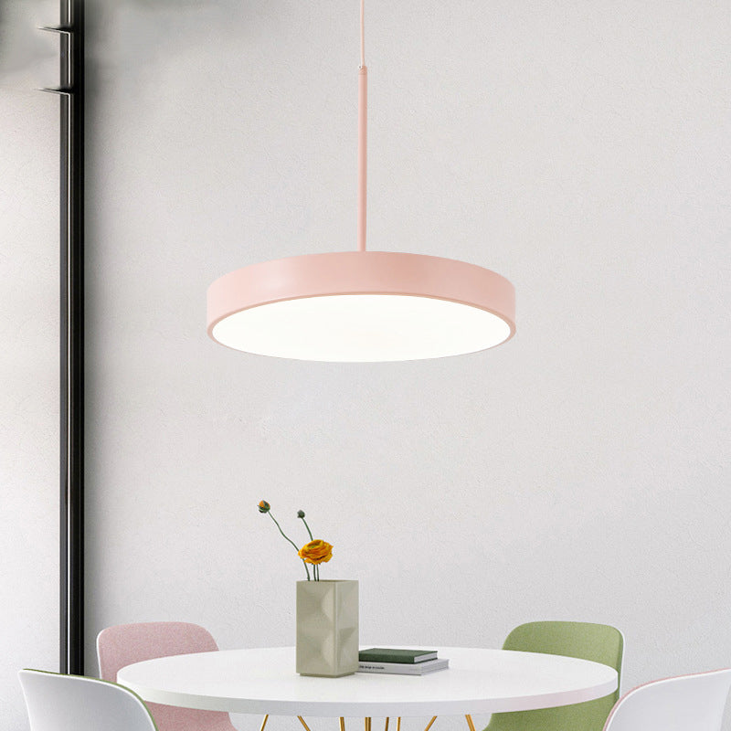 Minimalistic LED Hanging Pendant Light Circular Ceiling Lamp with Acrylic Shade for Dining Room Pink Clearhalo 'Ceiling Lights' 'Pendant Lights' 'Pendants' Lighting' 2307394_9ecf7e0d-da4c-495d-ae56-2bc0f92a27ad