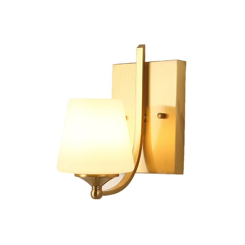 Frosted Glass Brass Sconce Light Conical 1-Light Modern Wall Mounted Light with Swooping Arm for Foyer Clearhalo 'Wall Lamps & Sconces' 'Wall Lights' Lighting' 230740