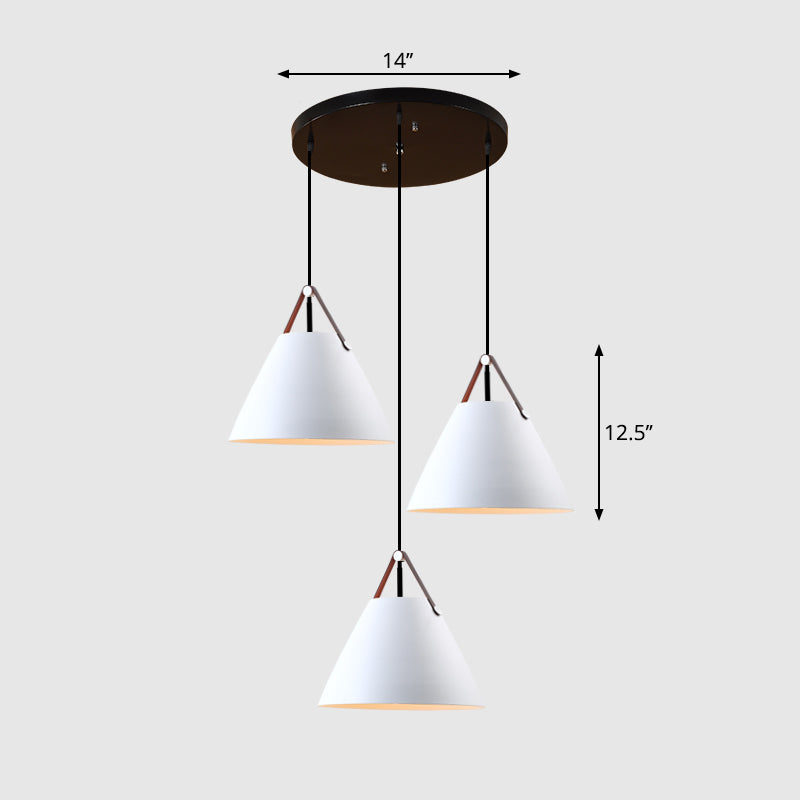 Nordic 3 Lights Cluster Pendant Conical Hanging Light with Metal Shade and Leather Strap White Round Clearhalo 'Ceiling Lights' 'Pendant Lights' 'Pendants' Lighting' 2307415_08c0b7c5-57ed-48bb-a7a8-48fcbd453921