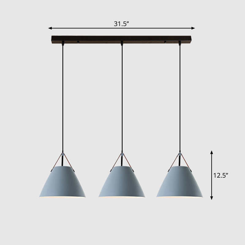 Nordic 3 Lights Cluster Pendant Conical Hanging Light with Metal Shade and Leather Strap Clearhalo 'Ceiling Lights' 'Pendant Lights' 'Pendants' Lighting' 2307416