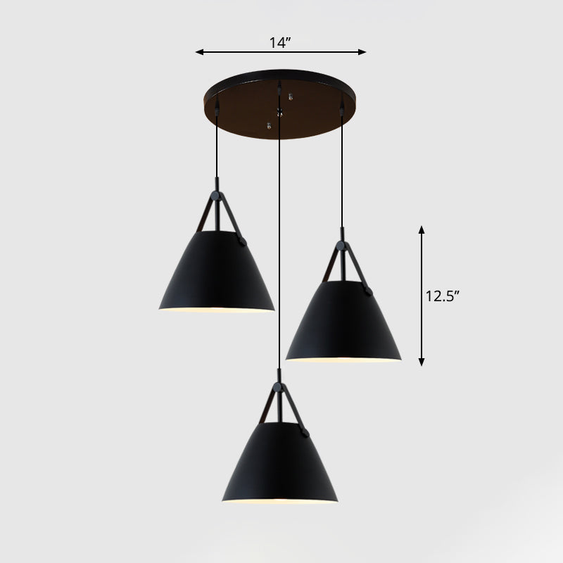 Nordic 3 Lights Cluster Pendant Conical Hanging Light with Metal Shade and Leather Strap Black Round Clearhalo 'Ceiling Lights' 'Pendant Lights' 'Pendants' Lighting' 2307417_21b09624-fbfb-4a42-977a-78a7d8197b8b