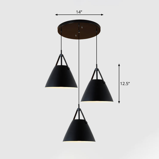 Nordic 3 Lights Cluster Pendant Conical Hanging Light with Metal Shade and Leather Strap Clearhalo 'Ceiling Lights' 'Pendant Lights' 'Pendants' Lighting' 2307417