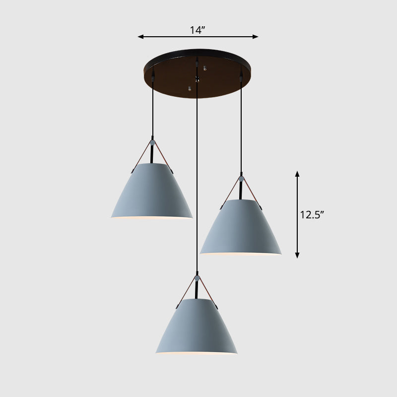 Nordic 3 Lights Cluster Pendant Conical Hanging Light with Metal Shade and Leather Strap Clearhalo 'Ceiling Lights' 'Pendant Lights' 'Pendants' Lighting' 2307418