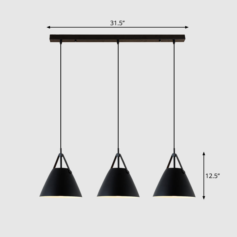 Nordic 3 Lights Cluster Pendant Conical Hanging Light with Metal Shade and Leather Strap Clearhalo 'Ceiling Lights' 'Pendant Lights' 'Pendants' Lighting' 2307419