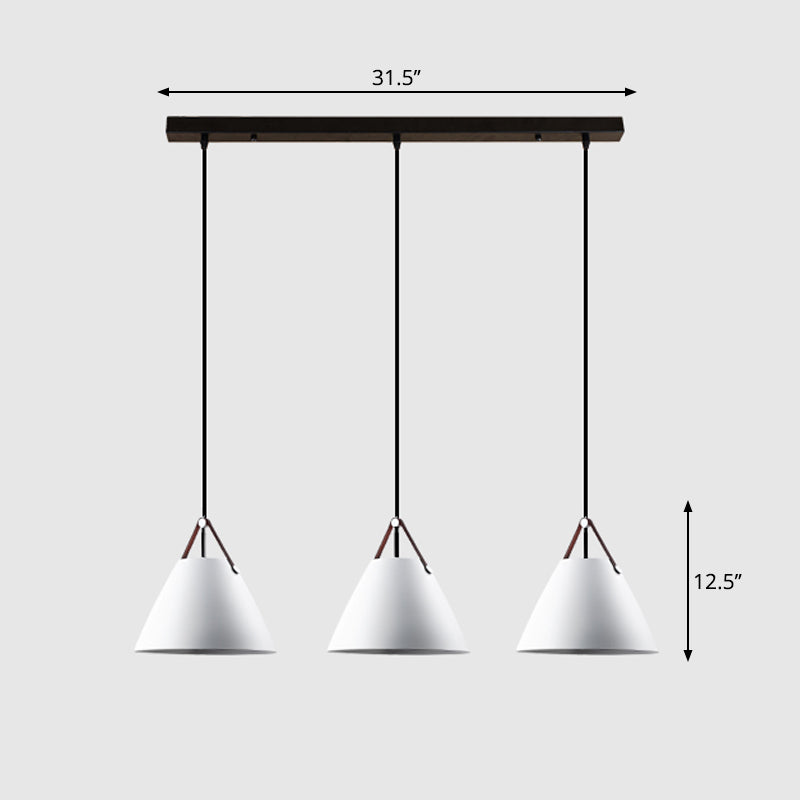 Nordic 3 Lights Cluster Pendant Conical Hanging Light with Metal Shade and Leather Strap Clearhalo 'Ceiling Lights' 'Pendant Lights' 'Pendants' Lighting' 2307420