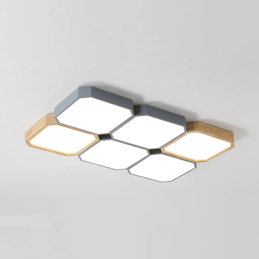 Checkered LED Flush Light Fixture Nordic Metal Grey and Wood Ceiling Lamp for Living Room 6 Grey Third Gear Clearhalo 'Ceiling Lights' 'Close To Ceiling Lights' 'Close to ceiling' 'Flush mount' Lighting' 2307492