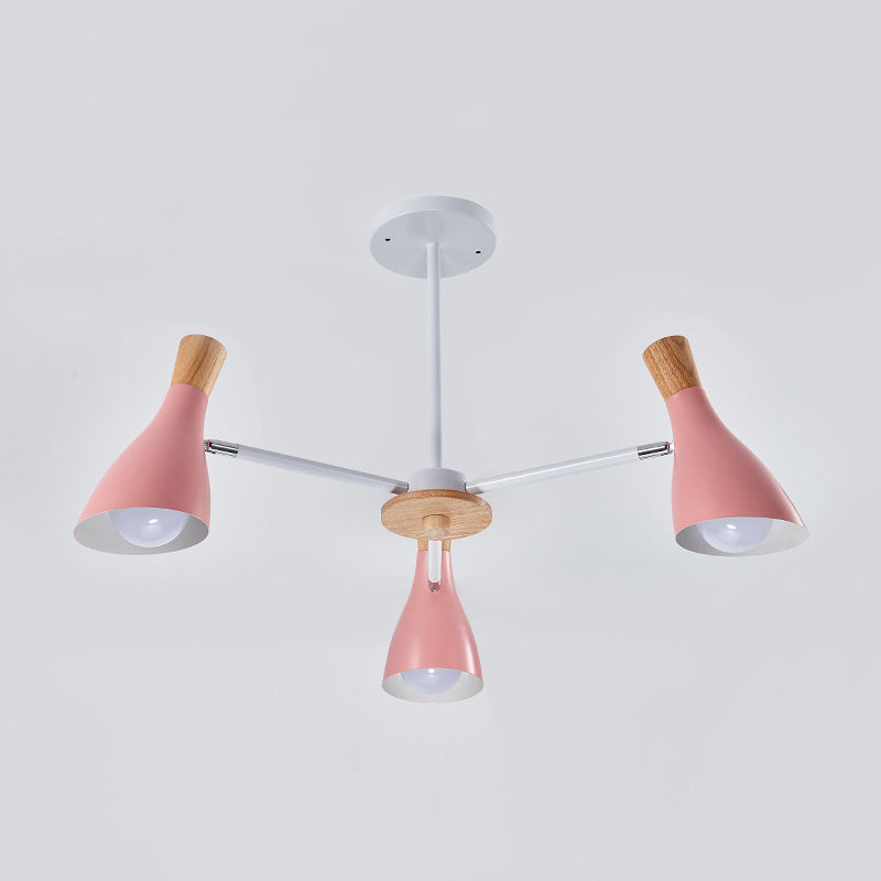 Iron Bias-Cut Bottle Chandelier Lamp Macaron Style Wood Pendant Light for Living Room 3 Pink Clearhalo 'Ceiling Lights' 'Chandeliers' Lighting' options 2307551_0eedda7a-123a-4b1c-bb23-f6ad6fb3044f