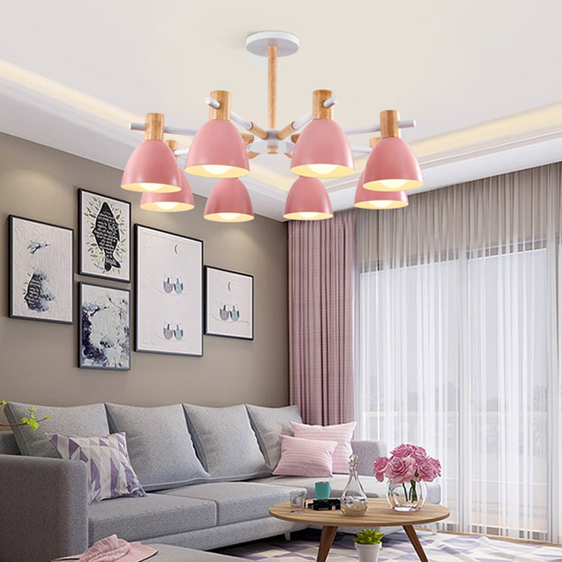 Bell Shaped Living Room Chandelier Metal Macaron Style Ceiling Hang Light with Wood Accents Clearhalo 'Ceiling Lights' 'Chandeliers' Lighting' options 2307574