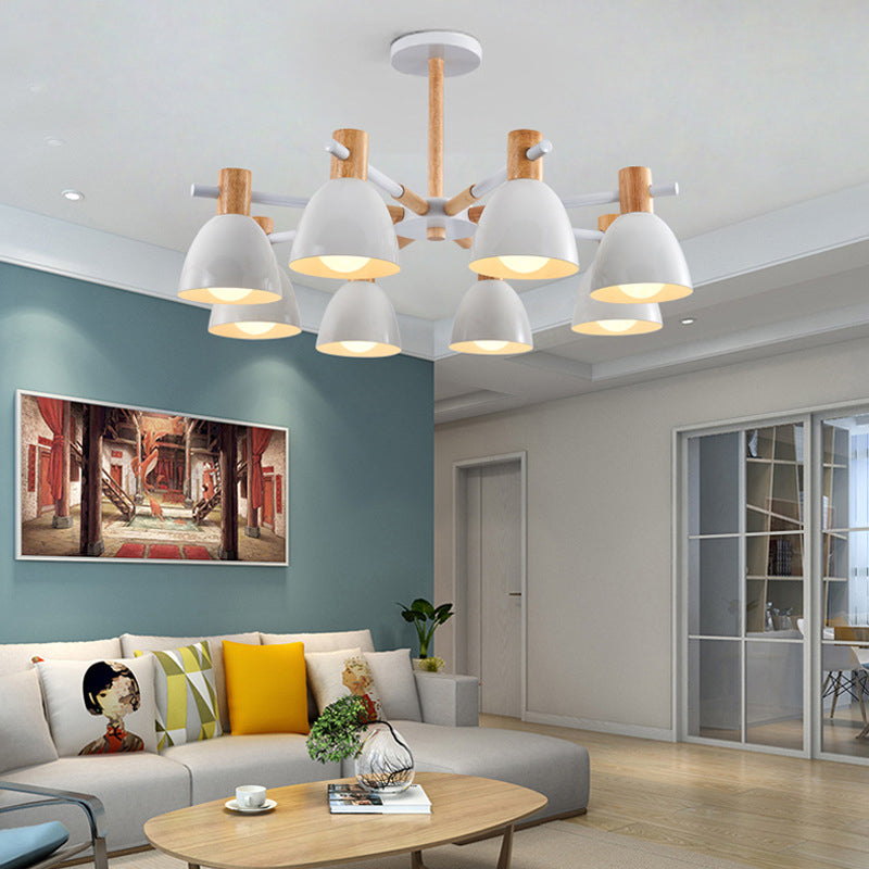 Bell Shaped Living Room Chandelier Metal Macaron Style Ceiling Hang Light with Wood Accents Clearhalo 'Ceiling Lights' 'Chandeliers' Lighting' options 2307575
