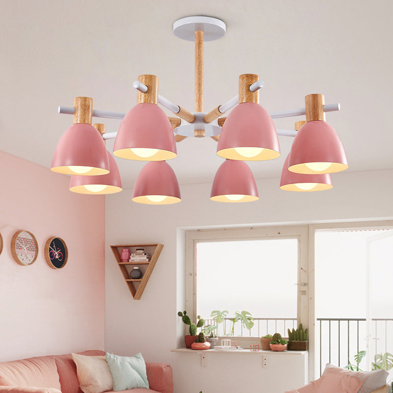 Bell Shaped Living Room Chandelier Metal Macaron Style Ceiling Hang Light with Wood Accents Clearhalo 'Ceiling Lights' 'Chandeliers' Lighting' options 2307576