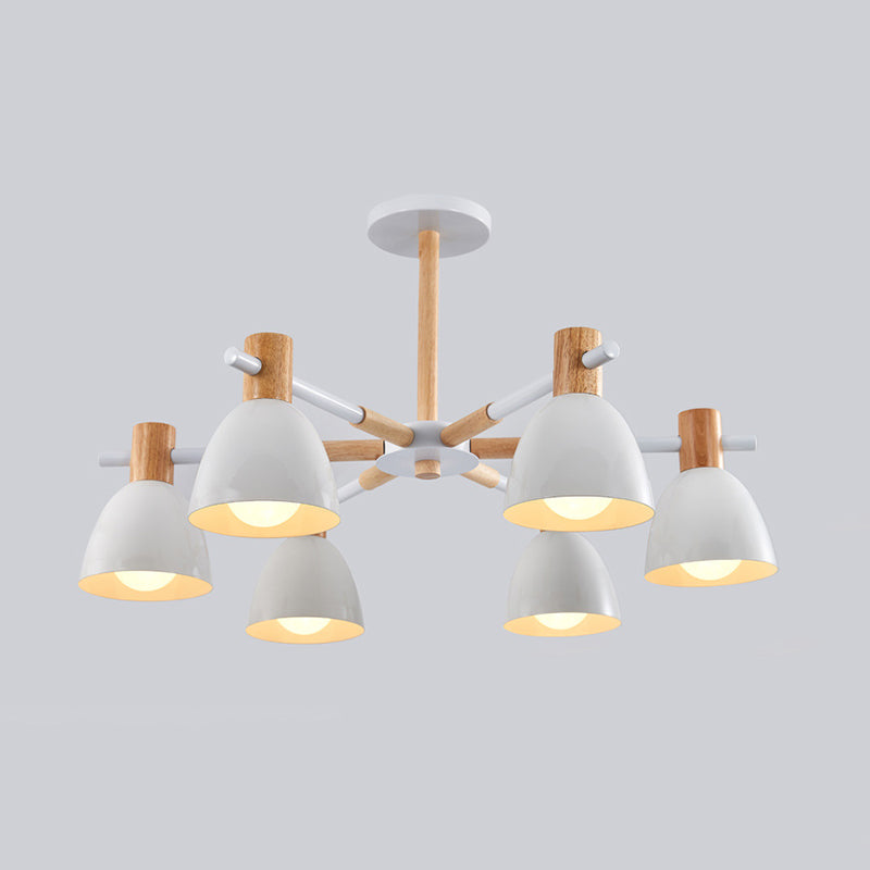 Bell Shaped Living Room Chandelier Metal Macaron Style Ceiling Hang Light with Wood Accents 6 White Clearhalo 'Ceiling Lights' 'Chandeliers' Lighting' options 2307579_9b87e78a-3c96-43ed-8e57-6c577ecf8105