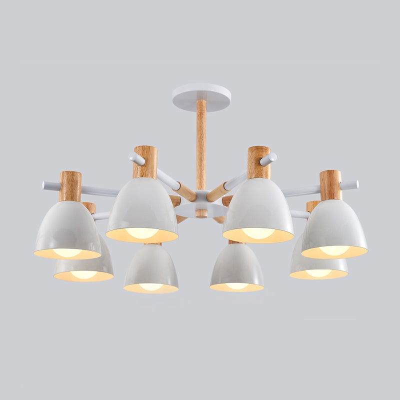 Bell Shaped Living Room Chandelier Metal Macaron Style Ceiling Hang Light with Wood Accents 8 White Clearhalo 'Ceiling Lights' 'Chandeliers' Lighting' options 2307580_f98e1b3a-5250-46f1-b0f2-d3cae82635e5
