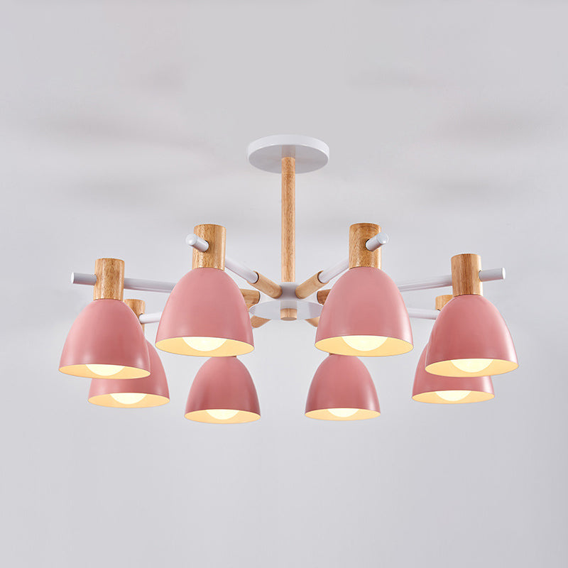 Bell Shaped Living Room Chandelier Metal Macaron Style Ceiling Hang Light with Wood Accents 8 Pink Clearhalo 'Ceiling Lights' 'Chandeliers' Lighting' options 2307581_50b1dd4a-828a-4ee8-9eb7-7657af52123f