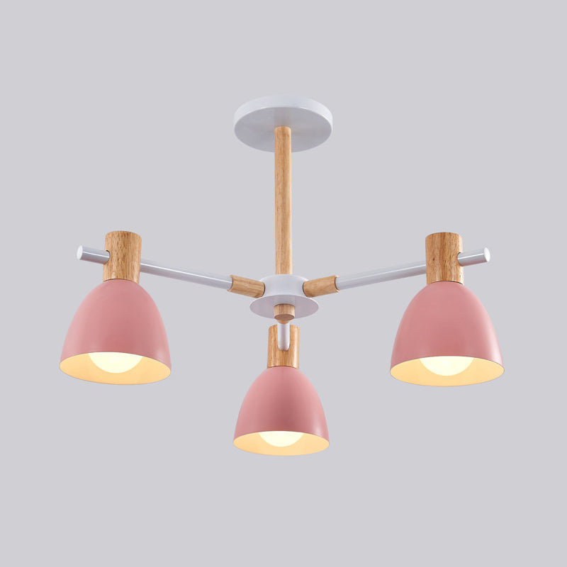 Bell Shaped Living Room Chandelier Metal Macaron Style Ceiling Hang Light with Wood Accents 3 Pink Clearhalo 'Ceiling Lights' 'Chandeliers' Lighting' options 2307582_e533f87e-6417-49eb-b913-a52ecd549b2e