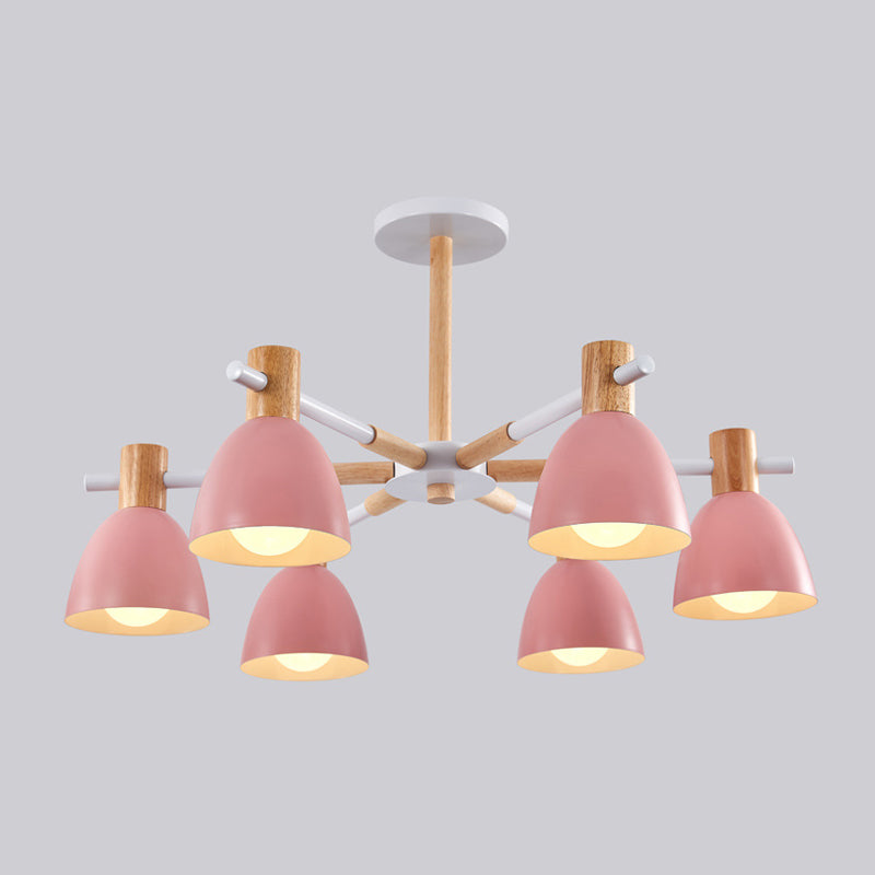 Bell Shaped Living Room Chandelier Metal Macaron Style Ceiling Hang Light with Wood Accents 6 Pink Clearhalo 'Ceiling Lights' 'Chandeliers' Lighting' options 2307583_26e14907-d543-462d-85d7-7c7e211d4379