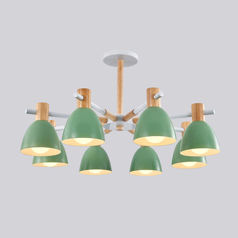 Bell Shaped Living Room Chandelier Metal Macaron Style Ceiling Hang Light with Wood Accents 8 Green Clearhalo 'Ceiling Lights' 'Chandeliers' Lighting' options 2307584_318081d8-e825-4a2e-88f3-89c27f956901