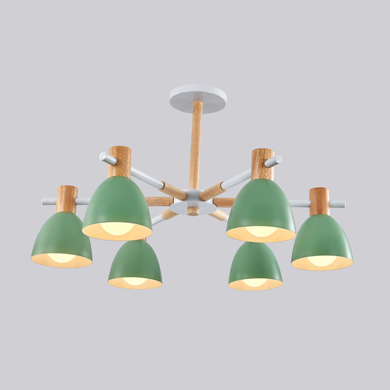 Bell Shaped Living Room Chandelier Metal Macaron Style Ceiling Hang Light with Wood Accents 6 Green Clearhalo 'Ceiling Lights' 'Chandeliers' Lighting' options 2307585_744517ad-8cd2-4d08-8922-0434b645104c
