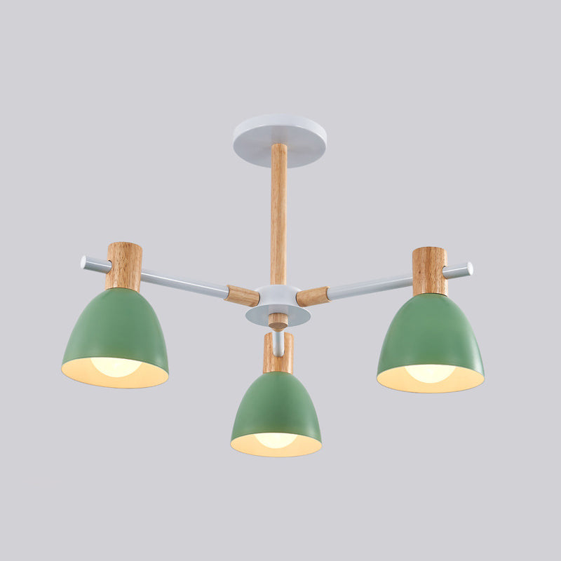 Bell Shaped Living Room Chandelier Metal Macaron Style Ceiling Hang Light with Wood Accents 3 Green Clearhalo 'Ceiling Lights' 'Chandeliers' Lighting' options 2307586_5f6c5939-22e7-4699-86ec-c138f05c6881