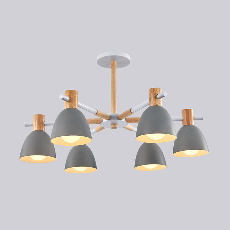 Bell Shaped Living Room Chandelier Metal Macaron Style Ceiling Hang Light with Wood Accents 6 Grey Clearhalo 'Ceiling Lights' 'Chandeliers' Lighting' options 2307587_bd46a555-c837-4022-a136-c125c7f89b32