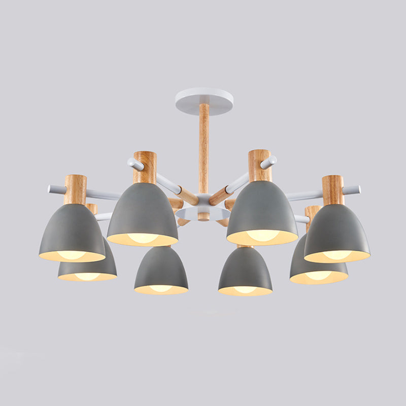 Bell Shaped Living Room Chandelier Metal Macaron Style Ceiling Hang Light with Wood Accents 8 Grey Clearhalo 'Ceiling Lights' 'Chandeliers' Lighting' options 2307588_160a46d1-ac3d-438d-8d0b-59ed7e3f17c7