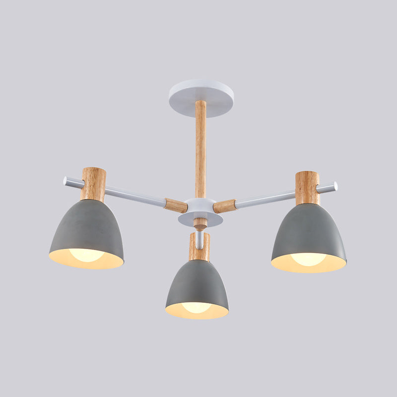 Bell Shaped Living Room Chandelier Metal Macaron Style Ceiling Hang Light with Wood Accents 3 Grey Clearhalo 'Ceiling Lights' 'Chandeliers' Lighting' options 2307589_22a41603-7d30-4668-bccf-d6a1b76eaa03