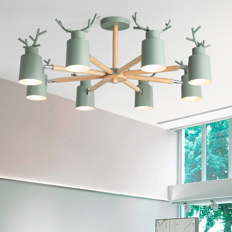 Metal Antler Adjustable Spotlight Nordic Chandelier Light with Cylindrical Shade and Wooden Arm Clearhalo 'Ceiling Lights' 'Chandeliers' Lighting' options 2307590