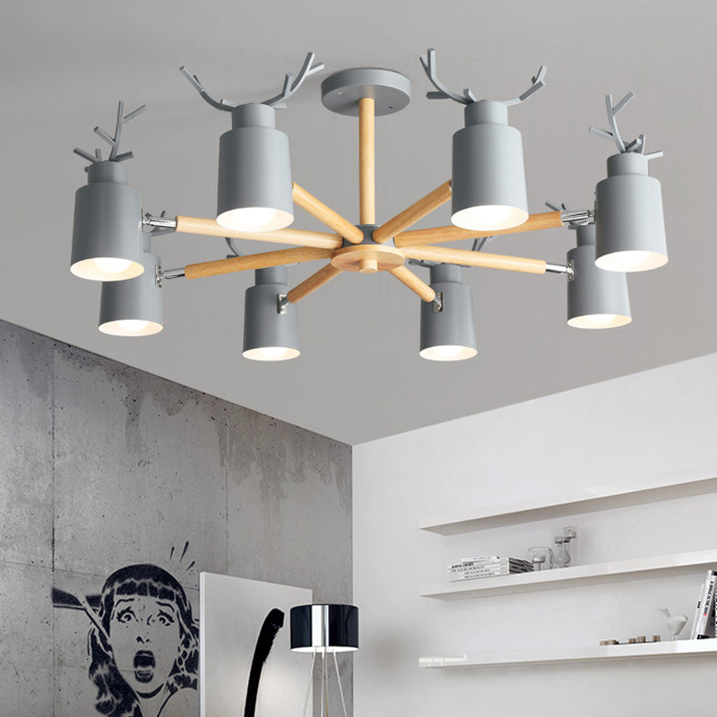 Metal Antler Adjustable Spotlight Nordic Chandelier Light with Cylindrical Shade and Wooden Arm Clearhalo 'Ceiling Lights' 'Chandeliers' Lighting' options 2307591