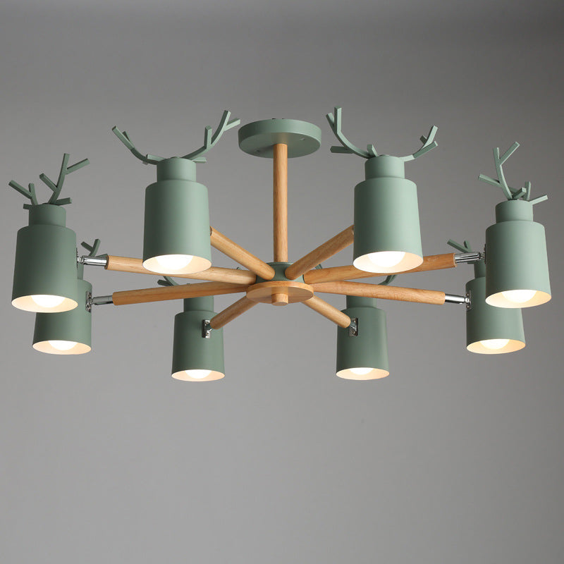 Metal Antler Adjustable Spotlight Nordic Chandelier Light with Cylindrical Shade and Wooden Arm Clearhalo 'Ceiling Lights' 'Chandeliers' Lighting' options 2307592