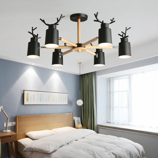 Metal Antler Adjustable Spotlight Nordic Chandelier Light with Cylindrical Shade and Wooden Arm Clearhalo 'Ceiling Lights' 'Chandeliers' Lighting' options 2307593