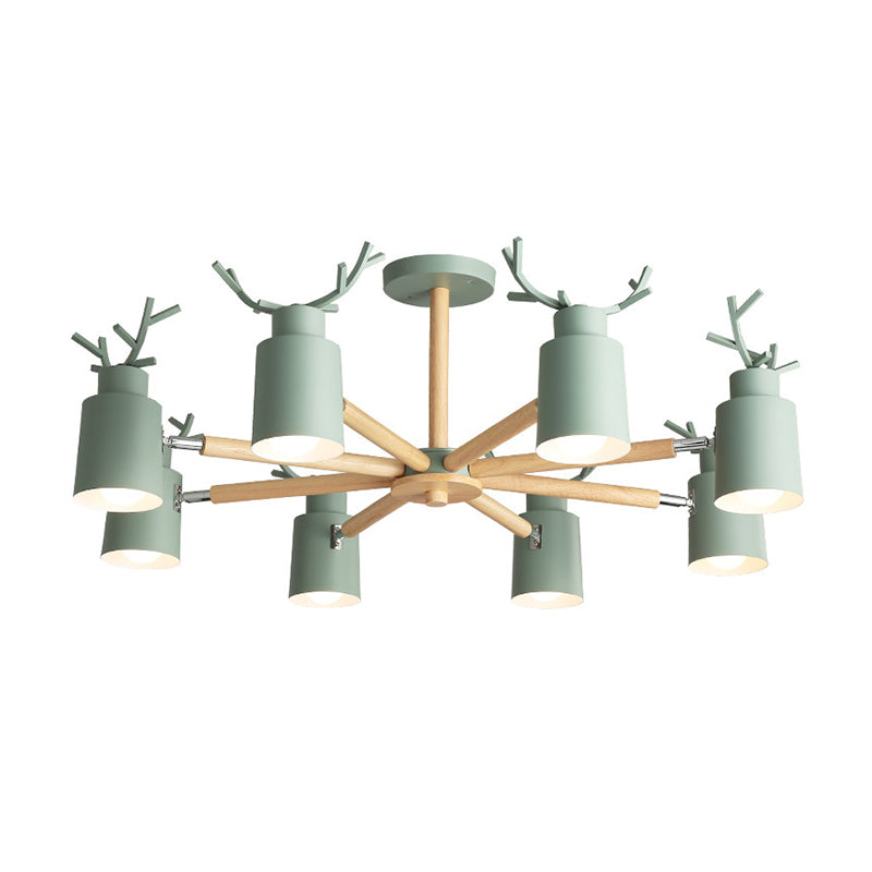 Metal Antler Adjustable Spotlight Nordic Chandelier Light with Cylindrical Shade and Wooden Arm Clearhalo 'Ceiling Lights' 'Chandeliers' Lighting' options 2307594