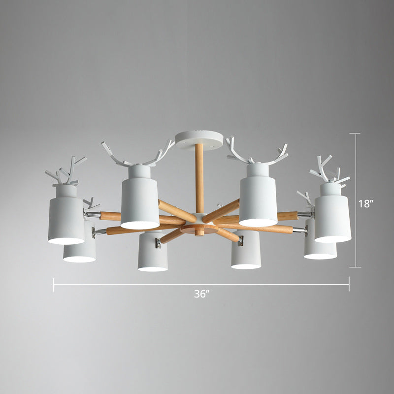 Metal Antler Adjustable Spotlight Nordic Chandelier Light with Cylindrical Shade and Wooden Arm Clearhalo 'Ceiling Lights' 'Chandeliers' Lighting' options 2307595