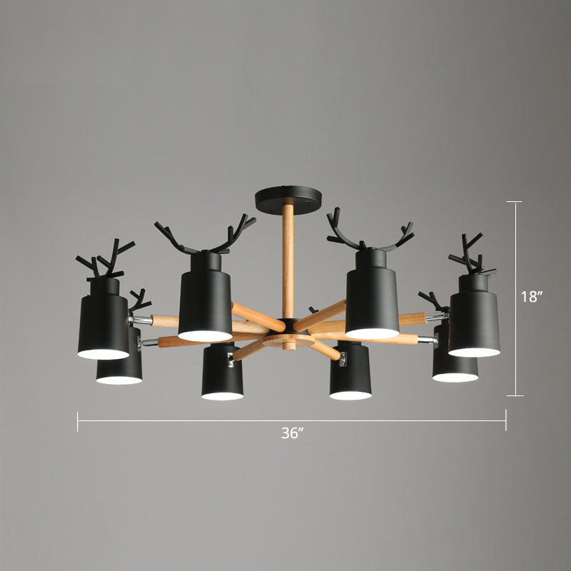 Metal Antler Adjustable Spotlight Nordic Chandelier Light with Cylindrical Shade and Wooden Arm Clearhalo 'Ceiling Lights' 'Chandeliers' Lighting' options 2307596