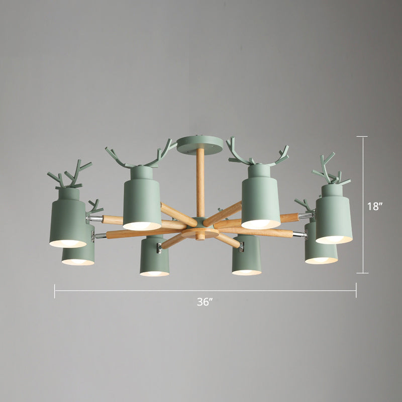 Metal Antler Adjustable Spotlight Nordic Chandelier Light with Cylindrical Shade and Wooden Arm Clearhalo 'Ceiling Lights' 'Chandeliers' Lighting' options 2307597