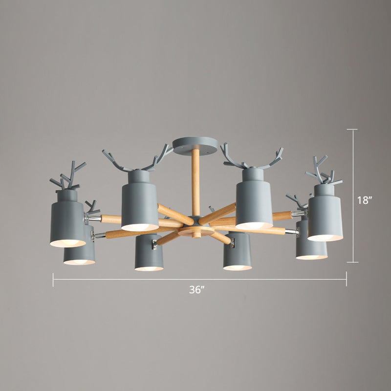 Metal Antler Adjustable Spotlight Nordic Chandelier Light with Cylindrical Shade and Wooden Arm Clearhalo 'Ceiling Lights' 'Chandeliers' Lighting' options 2307598