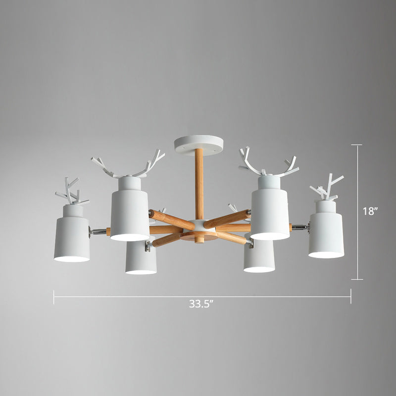 Metal Antler Adjustable Spotlight Nordic Chandelier Light with Cylindrical Shade and Wooden Arm Clearhalo 'Ceiling Lights' 'Chandeliers' Lighting' options 2307599