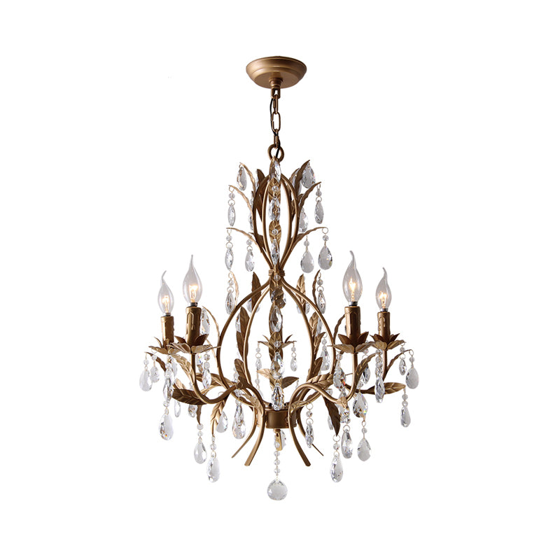 Brass Candle Chandelier Lamp Retro 5 Heads Metal Ceiling Pendant Light with Crystal Teardrop Clearhalo 'Ceiling Lights' 'Chandeliers' Lighting' options 230760