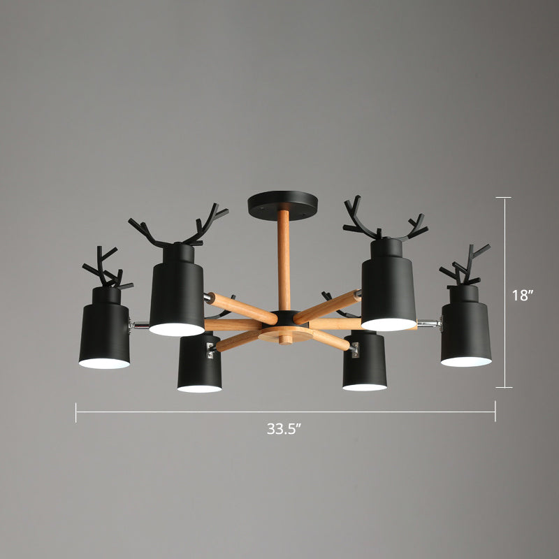 Metal Antler Adjustable Spotlight Nordic Chandelier Light with Cylindrical Shade and Wooden Arm Clearhalo 'Ceiling Lights' 'Chandeliers' Lighting' options 2307600