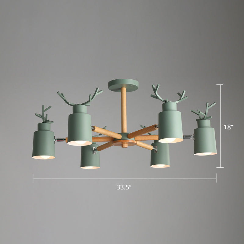 Metal Antler Adjustable Spotlight Nordic Chandelier Light with Cylindrical Shade and Wooden Arm Clearhalo 'Ceiling Lights' 'Chandeliers' Lighting' options 2307601