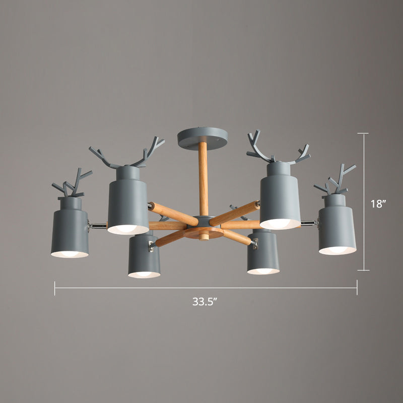 Metal Antler Adjustable Spotlight Nordic Chandelier Light with Cylindrical Shade and Wooden Arm Clearhalo 'Ceiling Lights' 'Chandeliers' Lighting' options 2307602