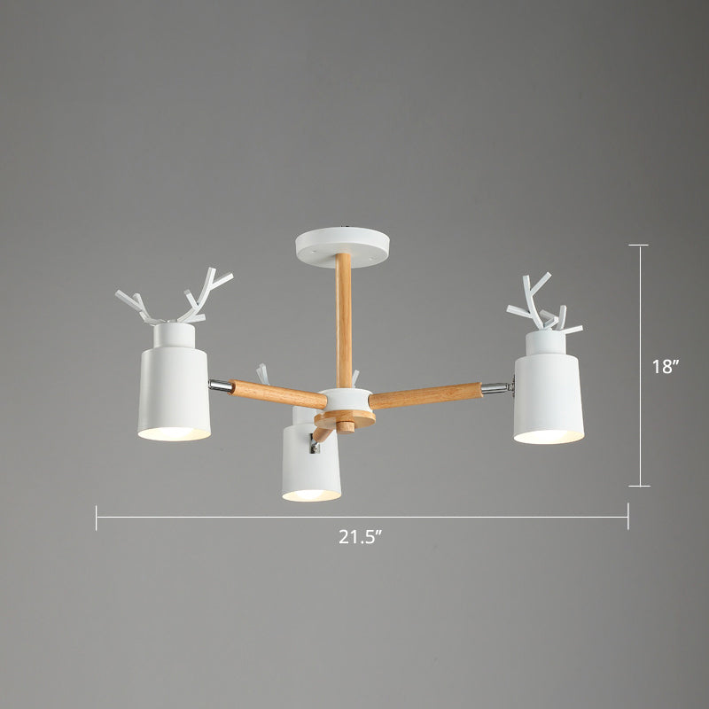 Metal Antler Adjustable Spotlight Nordic Chandelier Light with Cylindrical Shade and Wooden Arm Clearhalo 'Ceiling Lights' 'Chandeliers' Lighting' options 2307603