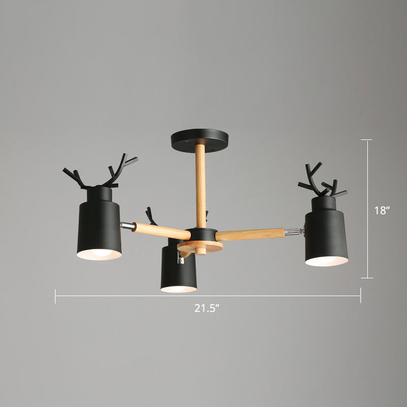 Metal Antler Adjustable Spotlight Nordic Chandelier Light with Cylindrical Shade and Wooden Arm Clearhalo 'Ceiling Lights' 'Chandeliers' Lighting' options 2307604