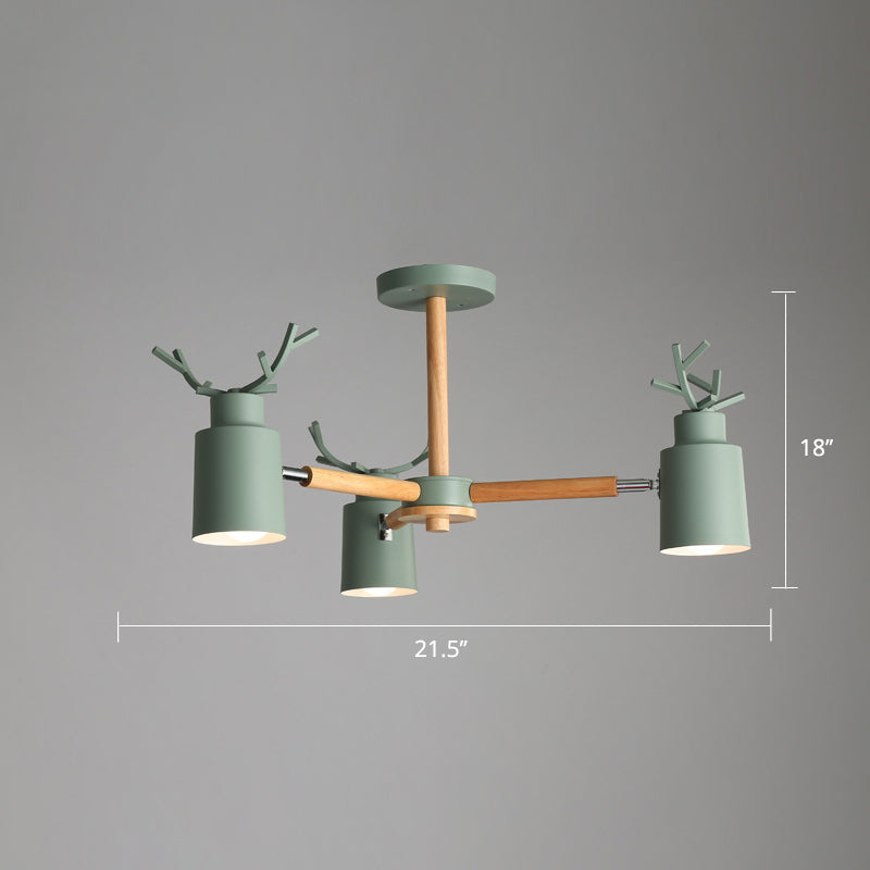 Metal Antler Adjustable Spotlight Nordic Chandelier Light with Cylindrical Shade and Wooden Arm Clearhalo 'Ceiling Lights' 'Chandeliers' Lighting' options 2307605