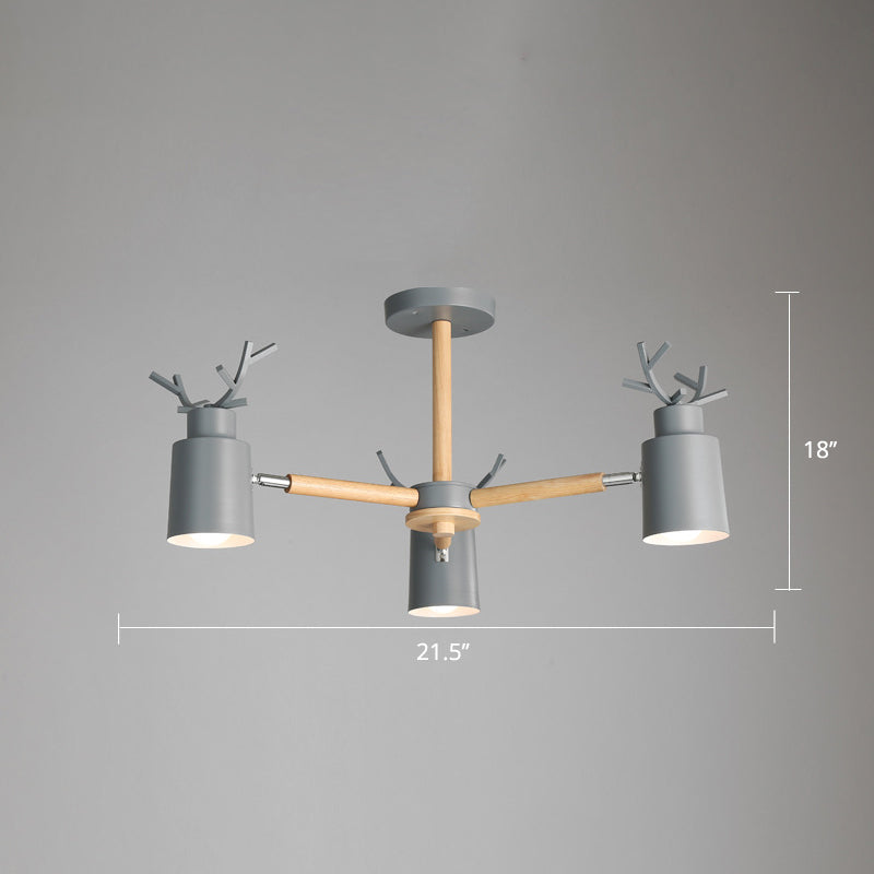 Metal Antler Adjustable Spotlight Nordic Chandelier Light with Cylindrical Shade and Wooden Arm Clearhalo 'Ceiling Lights' 'Chandeliers' Lighting' options 2307606