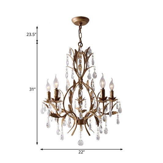 Brass Candle Chandelier Lamp Retro 5 Heads Metal Ceiling Pendant Light with Crystal Teardrop Clearhalo 'Ceiling Lights' 'Chandeliers' Lighting' options 230761