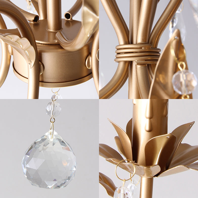 Brass Candle Chandelier Lamp Retro 5 Heads Metal Ceiling Pendant Light with Crystal Teardrop Clearhalo 'Ceiling Lights' 'Chandeliers' Lighting' options 230762