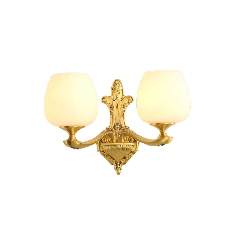 Conical Ivory Glass Wall Mounted Lamp Vintage 1/2-Bulb Bedroom Wall Lighting Fixture in Gold Clearhalo 'Wall Lamps & Sconces' 'Wall Lights' Lighting' 230765